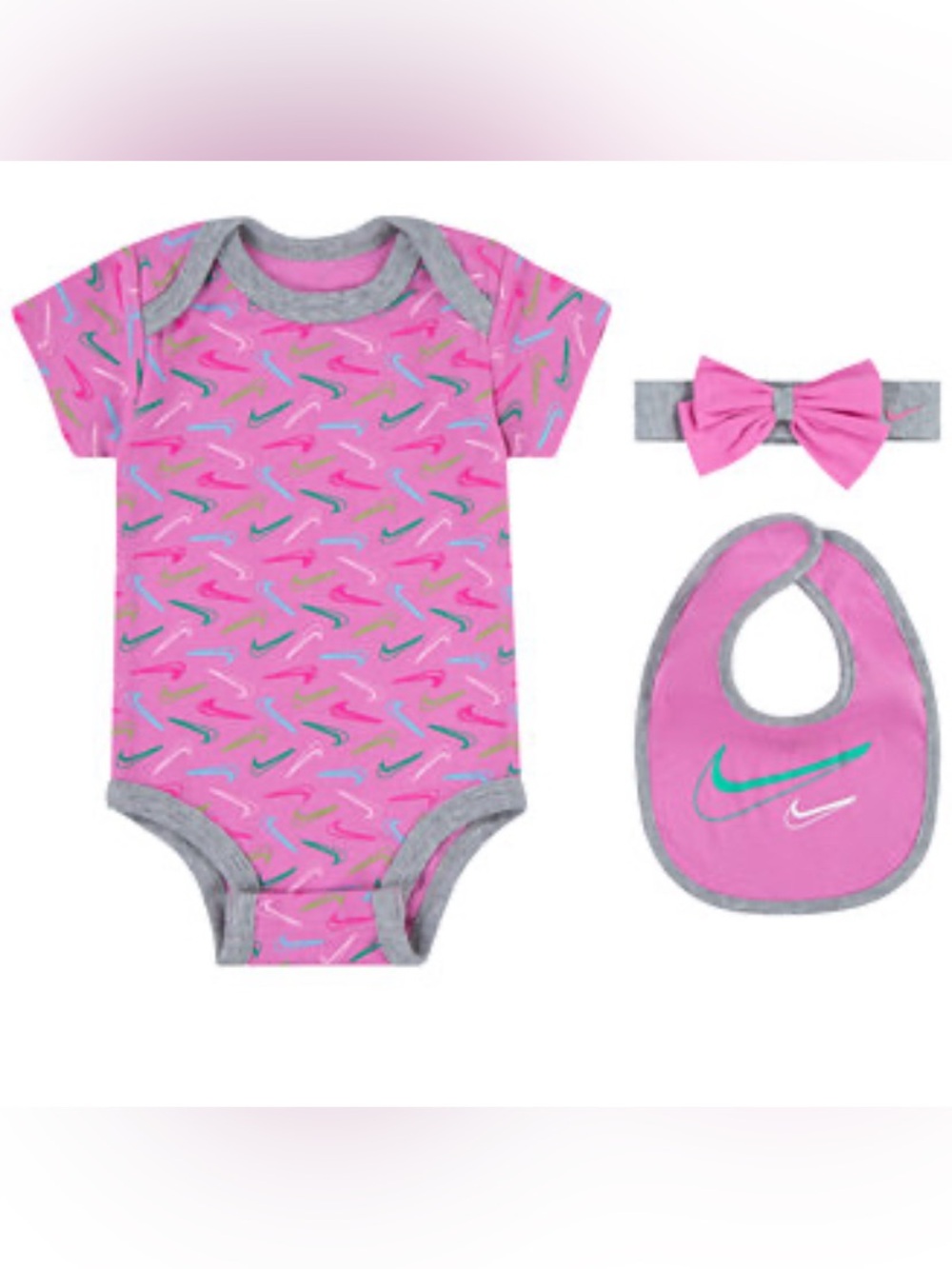 Nike Pink & Gray Infant 3-Piece Bodysuit Set with Bib and Headband